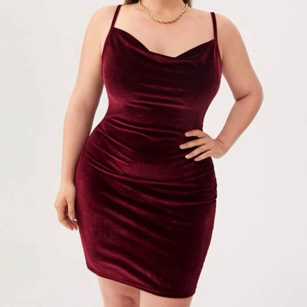 Plus Maroon Velvet Sexy Cowl neck Bodycon Dress 3x 18